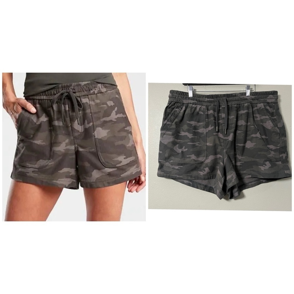 ATHLETA WOMEN'S BLACK OLIVE CAMO ELASTIC WAIST STRETCHY FARALLON SHORTS Size 18